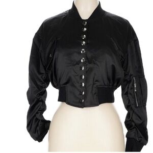 Bomber Black Satin Cropped Black Women's Jacket Luxury Boutique NWT 18 EU -US XL